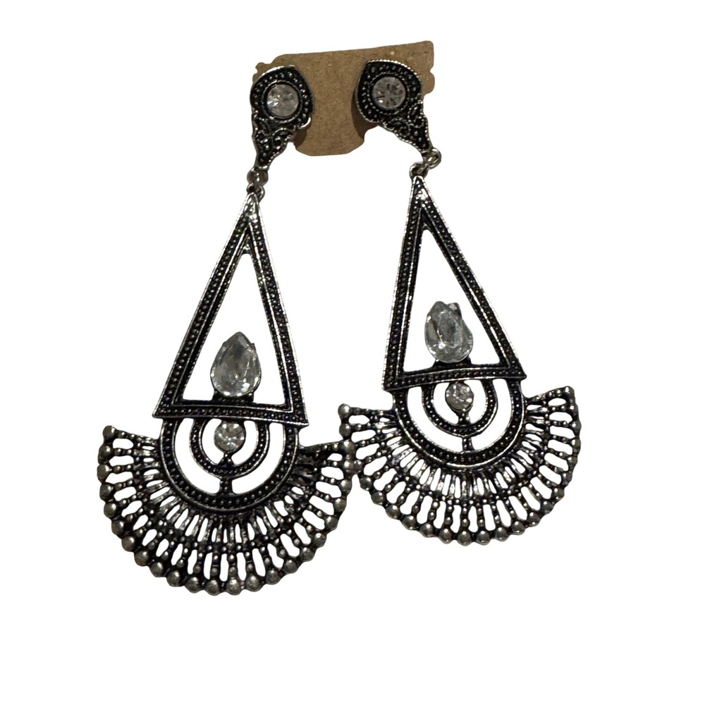 Boho Silver Tone Rhinestone Chandelier Earrings Geometric Filigree Dangle